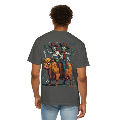Zombie Couple Rodeo Tee – Cartoon Undead Cowboys on the Loose | Funny Halloween Shirt – White T-Shirt for bull rider Halloween tee (13 view)