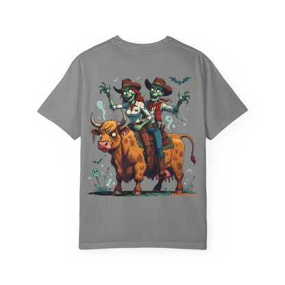 Zombie Couple Rodeo Tee – Cartoon Undead Cowboys on the Loose | Funny Halloween Shirt – White T-Shirt for bull rider Halloween tee (26 view)