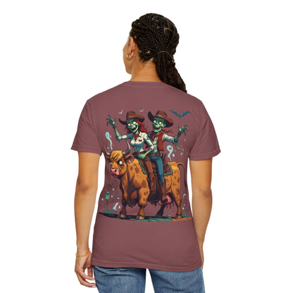 Zombie Couple Rodeo Tee – Cartoon Undead Cowboys on the Loose | Funny Halloween Shirt – White T-Shirt for bull rider Halloween tee (9 view)