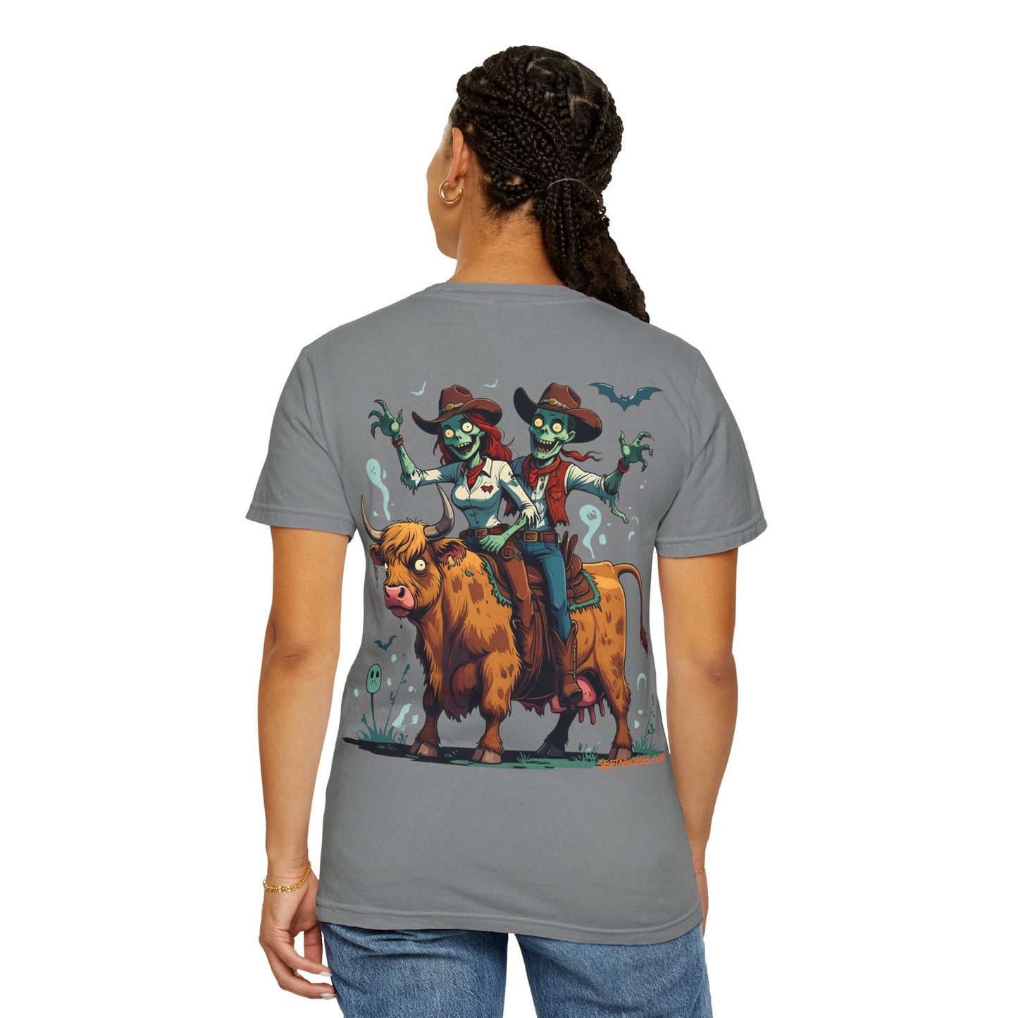 Zombie Couple Rodeo Tee – Cartoon Undead Cowboys on the Loose | Funny Halloween Shirt – White T-Shirt for bull rider Halloween tee (15 view)