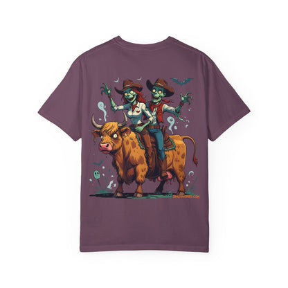 Zombie Couple Rodeo Tee – Cartoon Undead Cowboys on the Loose | Funny Halloween Shirt – Black T-Shirt for bull rider Halloween tee (38 view)