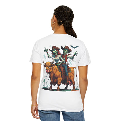 Zombie Couple Rodeo Tee – Cartoon Undead Cowboys on the Loose | Funny Halloween Shirt – White T-Shirt for bull rider Halloween tee (6 view)