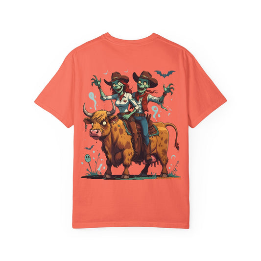 Zombie Couple Rodeo Tee – Cartoon Undead Cowboys on the Loose | Funny Halloween Shirt – Black T-Shirt for bull rider Halloween tee (1 view)