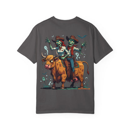 Zombie Couple Rodeo Tee – Cartoon Undead Cowboys on the Loose | Funny Halloween Shirt – White T-Shirt by Printify