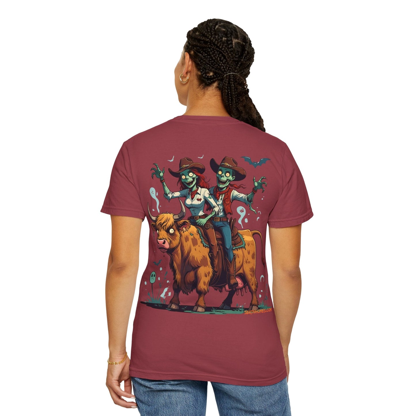 Zombie Couple Rodeo Tee – Cartoon Undead Cowboys on the Loose | Funny Halloween Shirt – Black T-Shirt for bull rider Halloween tee (45 view)
