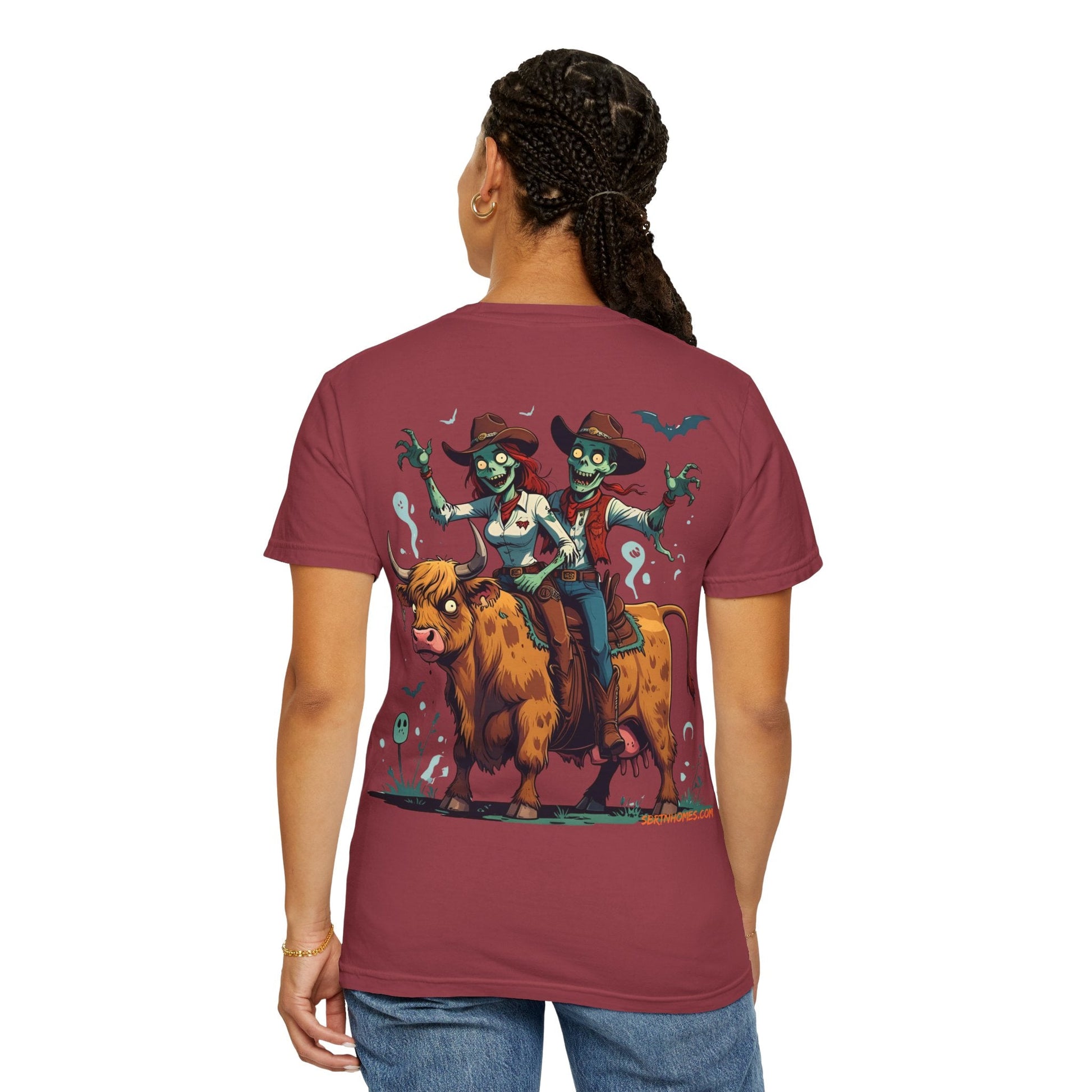 Zombie Couple Rodeo Tee – Cartoon Undead Cowboys on the Loose | Funny Halloween Shirt – Black T-Shirt for bull rider Halloween tee (45 view)