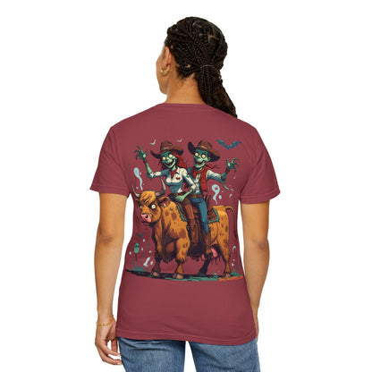 Zombie Couple Rodeo Tee – Cartoon Undead Cowboys on the Loose | Funny Halloween Shirt – Black T-Shirt for bull rider Halloween tee (45 view)