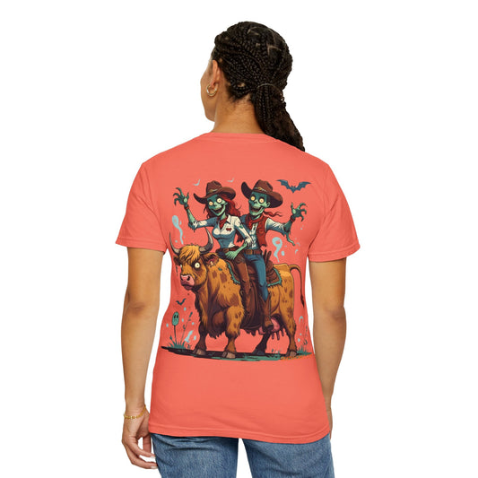 Zombie Couple Rodeo Tee – Cartoon Undead Cowboys on the Loose | Funny Halloween Shirt – Black T-Shirt for bull rider Halloween tee (2 view)