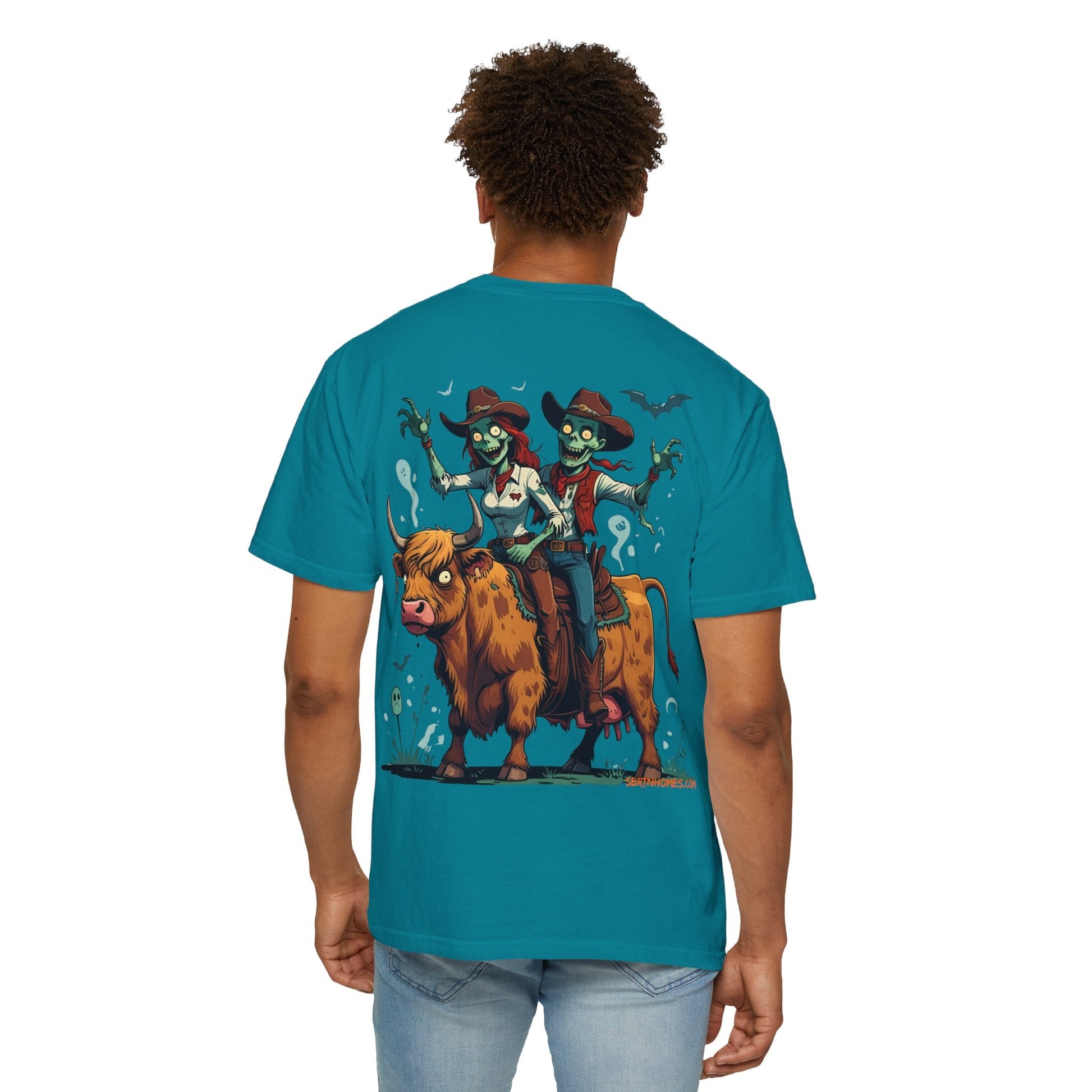 Zombie Couple Rodeo Tee – Cartoon Undead Cowboys on the Loose | Funny Halloween Shirt – White T-Shirt for bull rider Halloween tee (25 view)