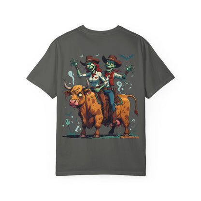 Zombie Couple Rodeo Tee – Cartoon Undead Cowboys on the Loose | Funny Halloween Shirt – White T-Shirt for bull rider Halloween tee (11 view)