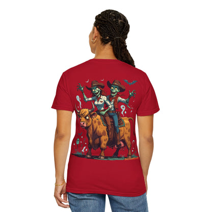 Zombie Couple Rodeo Tee – Cartoon Undead Cowboys on the Loose | Funny Halloween Shirt – Black T-Shirt for bull rider Halloween tee (48 view)
