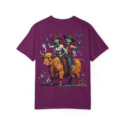 Zombie Couple Rodeo Tee – Cartoon Undead Cowboys on the Loose | Funny Halloween Shirt – Black T-Shirt for bull rider Halloween tee (41 view)