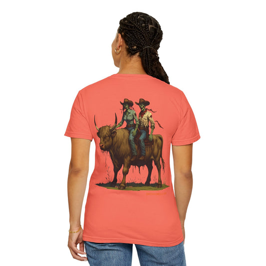 Zombie Cowboy Couple Tee – Undead Romance in the Wild West | Halloween Shirts – Black T-Shirt for Casual Outfit Idea (2 view)
