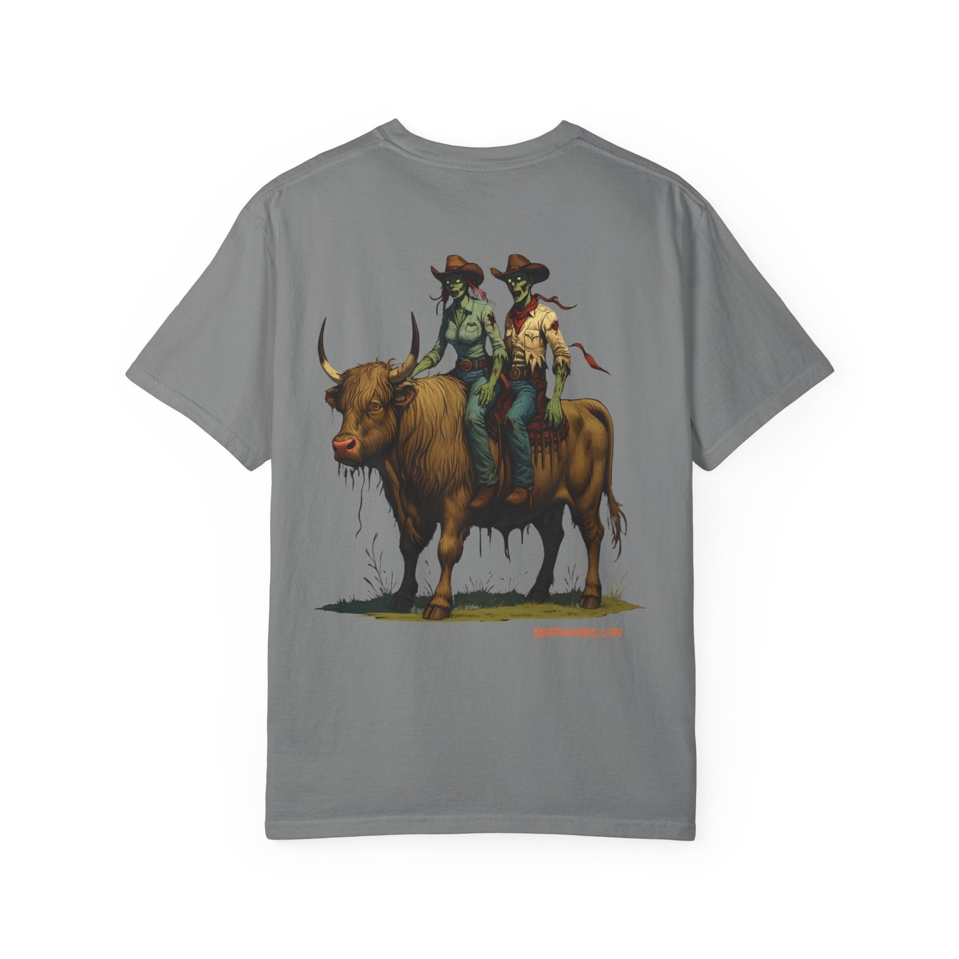 Zombie Cowboy Couple Tee – Undead Romance in the Wild West | Halloween Shirts – Black T-Shirt for Casual Outfit Idea (14 view)