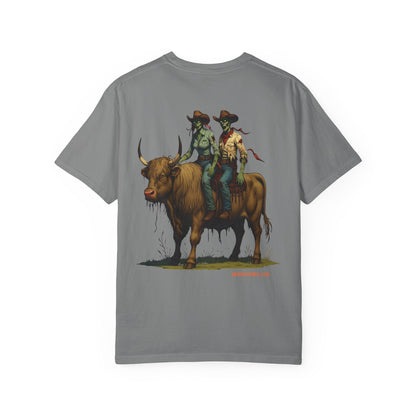 Zombie Cowboy Couple Tee – Undead Romance in the Wild West | Halloween Shirts – Black T-Shirt for Casual Outfit Idea (14 view)