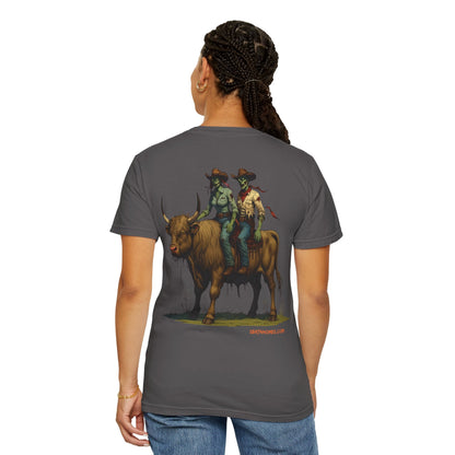 Zombie Cowboy Couple Tee – Undead Romance in the Wild West | Halloween Shirts – Black T-Shirt for Casual Outfit Idea (33 view)