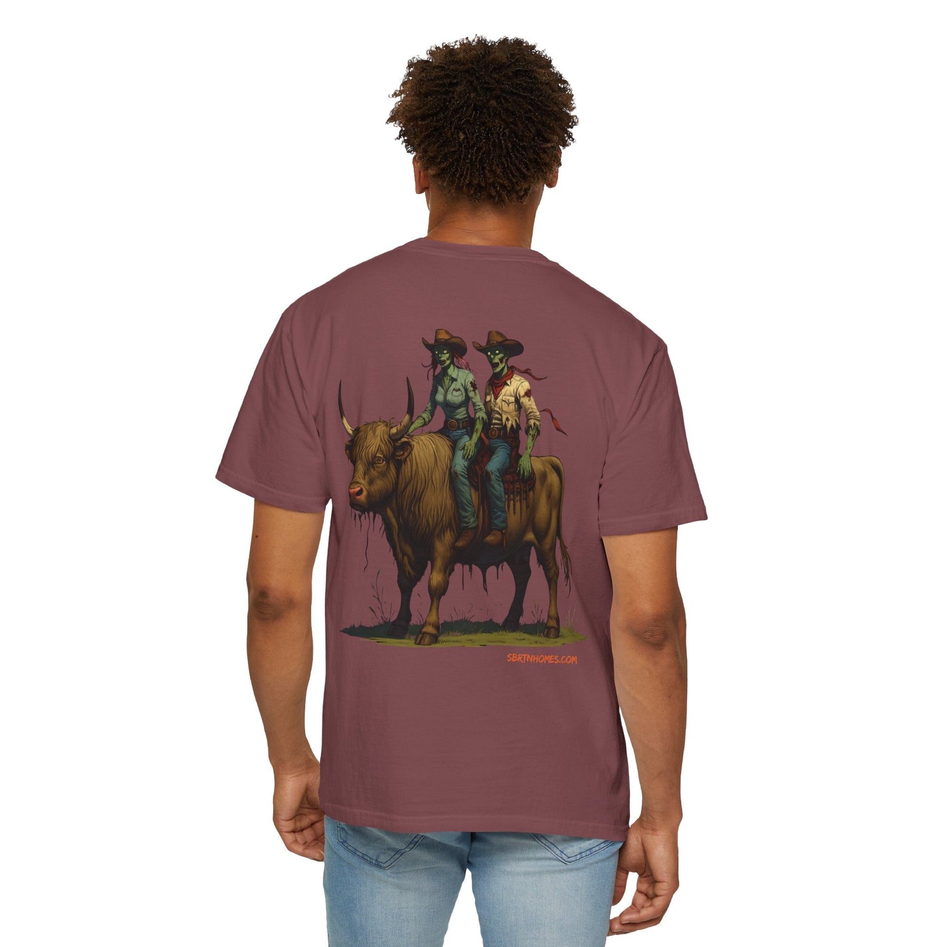 Zombie Cowboy Couple Tee – Undead Romance in the Wild West | Halloween Shirts – Black T-Shirt for Casual Outfit Idea (10 view)