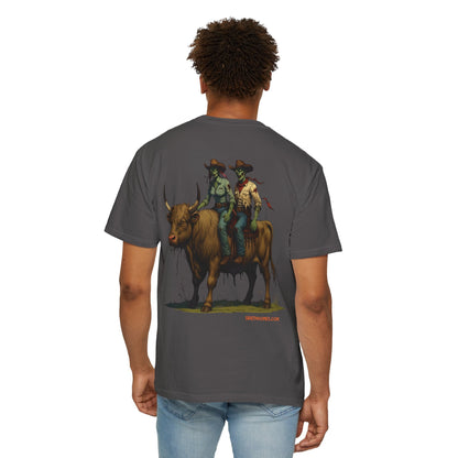 Zombie Cowboy Couple Tee – Undead Romance in the Wild West | Halloween Shirts – Black T-Shirt for Casual Outfit Idea (34 view)
