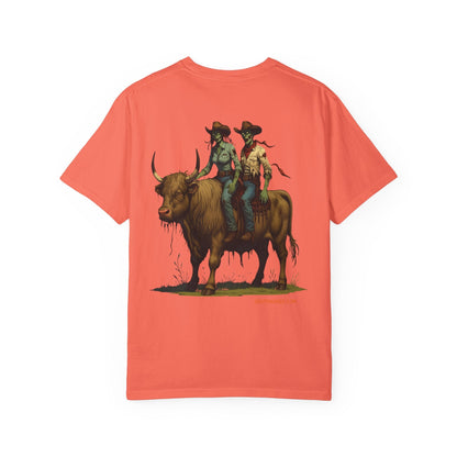 Zombie Cowboy Couple Tee – Undead Romance in the Wild West | Halloween Shirts – Black T-Shirt for Casual Outfit Idea (1 view)
