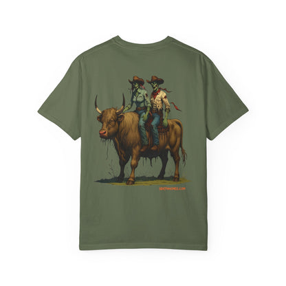 Zombie Cowboy Couple Tee – Undead Romance in the Wild West | Halloween Shirts – Black T-Shirt for Casual Outfit Idea (17 view)