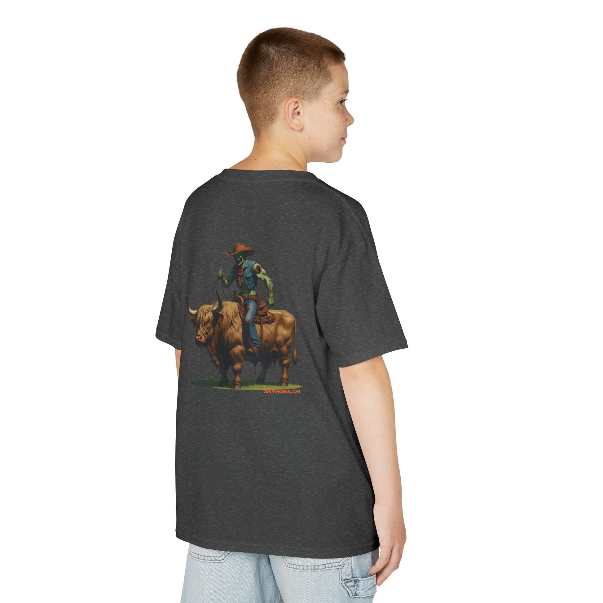 Zombie Cowboy Kids Tee – Undead Rider of the Apocalypse | Halloween Western Shirt – Dark Heather Kids clothes for Animal Graphic Tee (24 view)